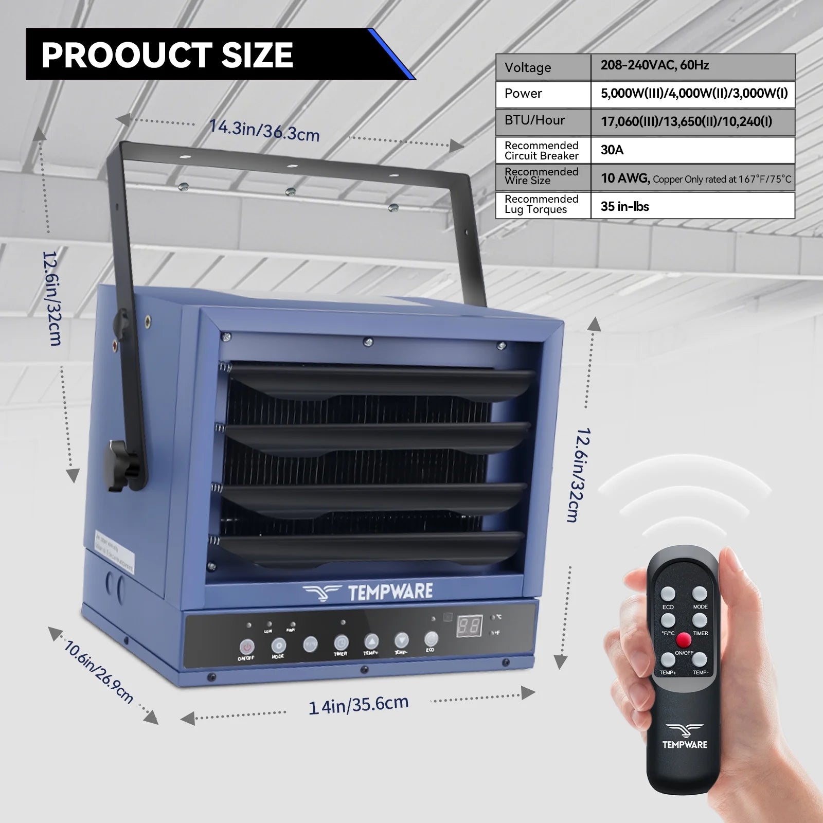 240V 5000W Electric Garage Heater with 3 Speed Overheat Protection for 592 Sq Ft