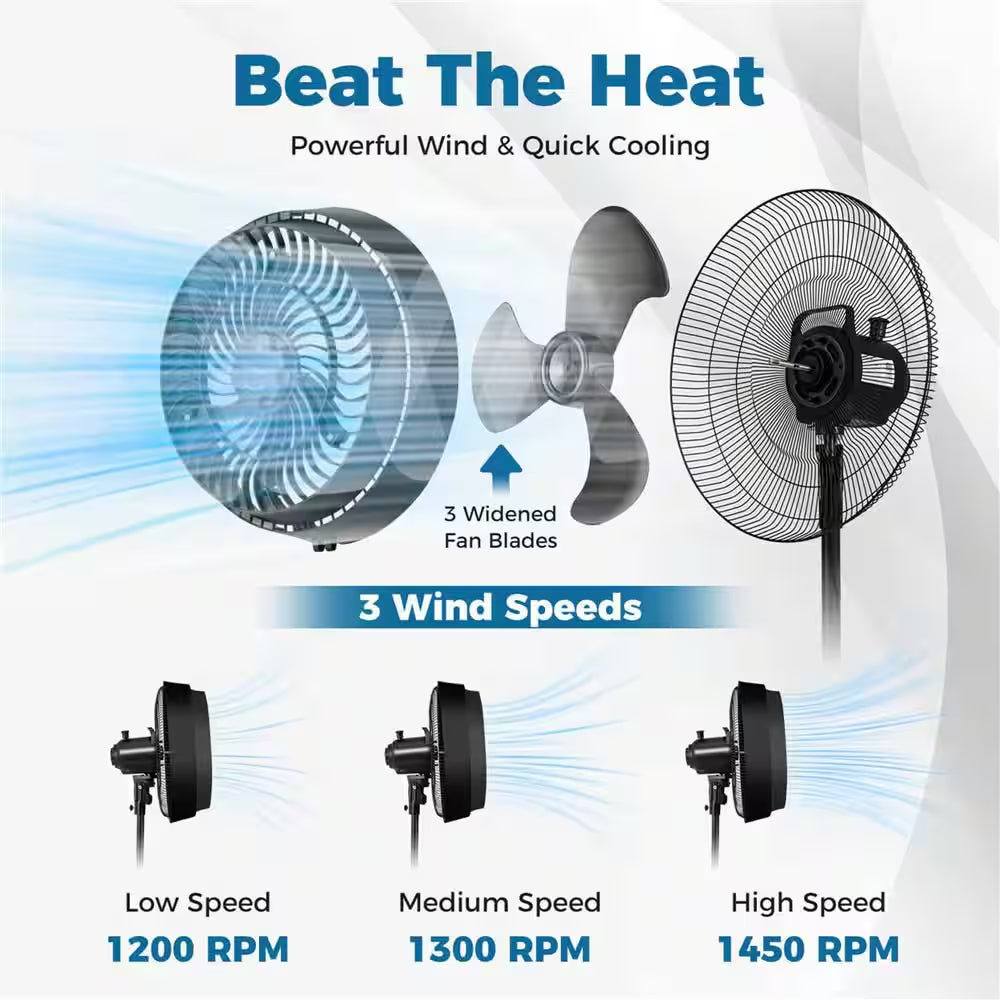 16" Oscillating Misting Pedestal Fan 2120 CFM with 3-Speed Hose Connector Black