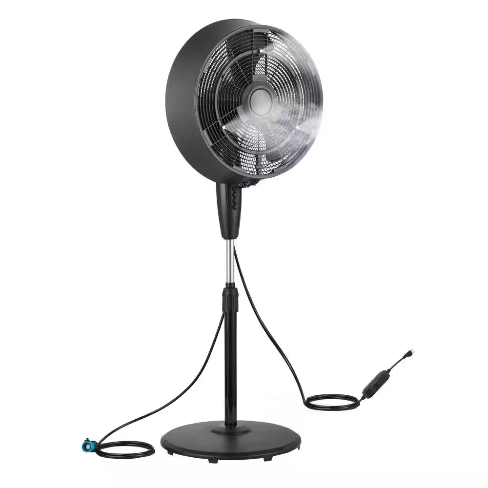 18 In. 3 Speeds Outdoor Misting Pedestal Fan in Black with 80° Oscillation 1600 CFM for up to 500 Sq. Ft