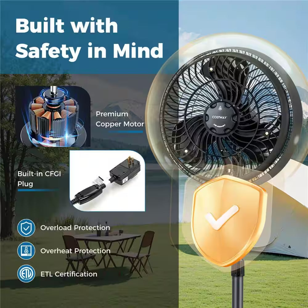 16" Oscillating Misting Pedestal Fan 2120 CFM with 3-Speed Hose Connector Black