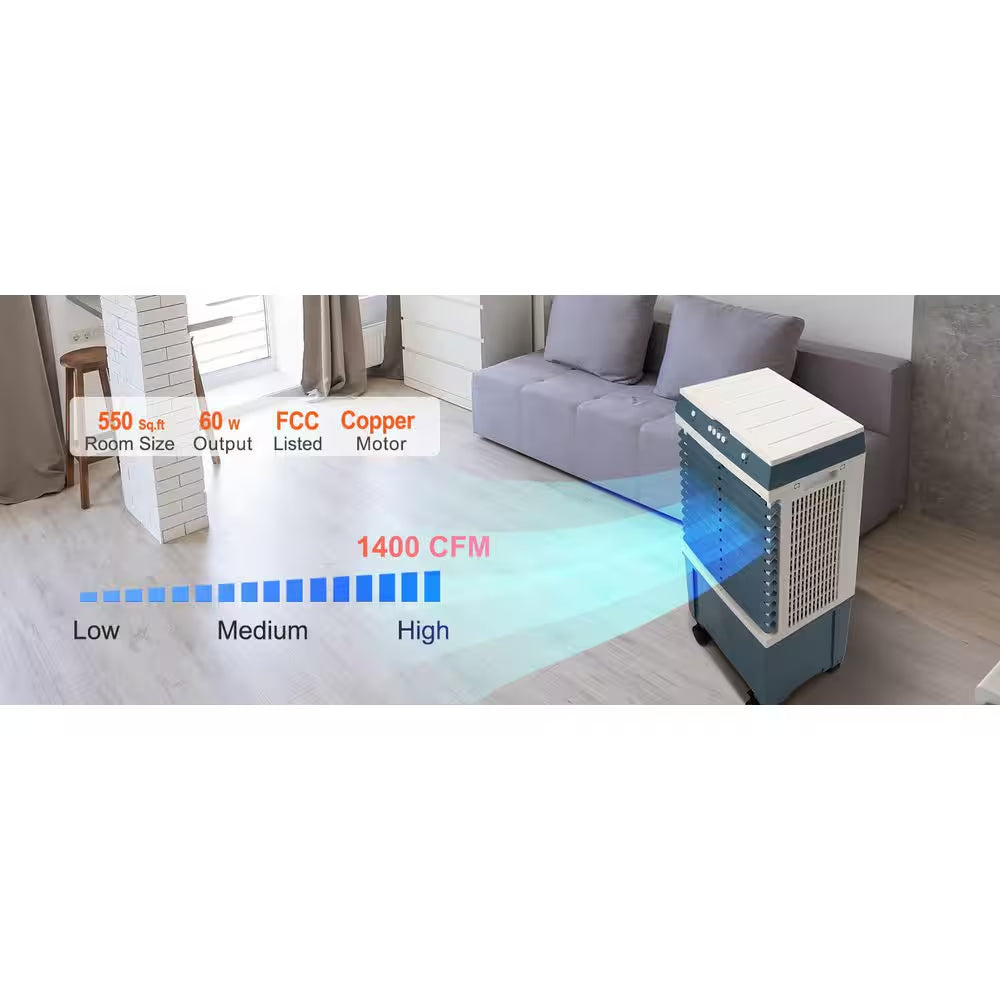 Evaporative Cooler 3 Speeds 1400 CFM Air Cooler 84° Oscillating Swamp Cooler, 5 Gal. Portable Air Cooler for 550 Sq. Ft.