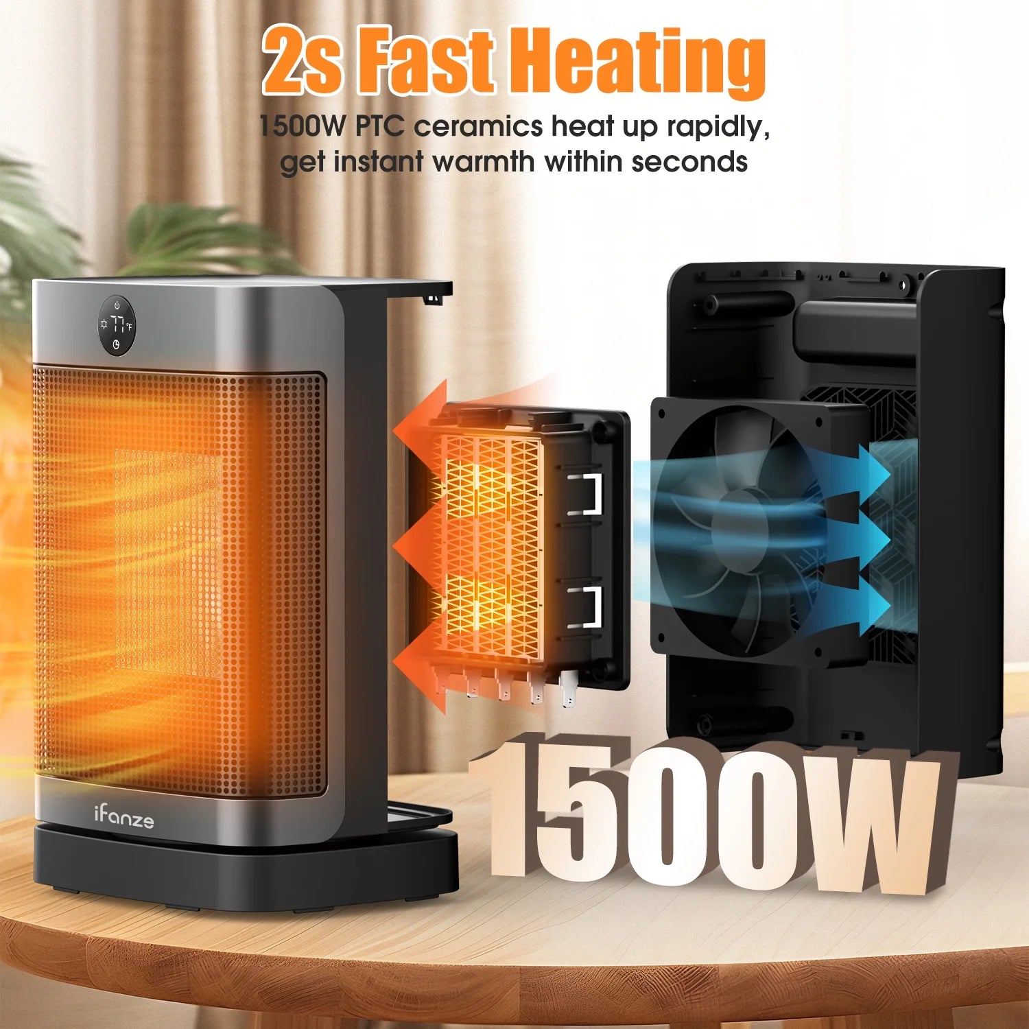 Portable Space Heater for Home, 1500W Electric Heater Fan with Remote, 70° Oscillation, 1-12H Timer, Portable Heater for inside Home/Office