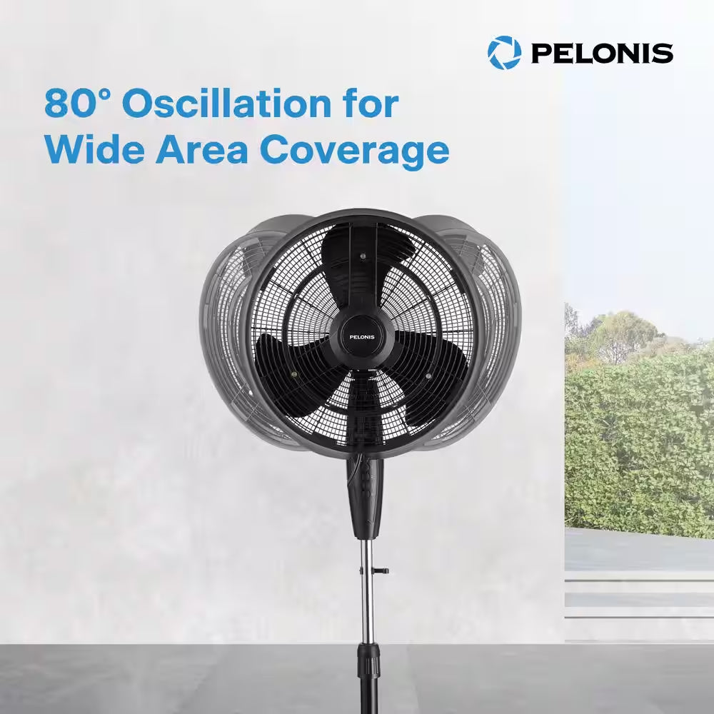 18 In. 3 Speeds Outdoor Misting Pedestal Fan in Black with 80° Oscillation 1600 CFM for up to 500 Sq. Ft