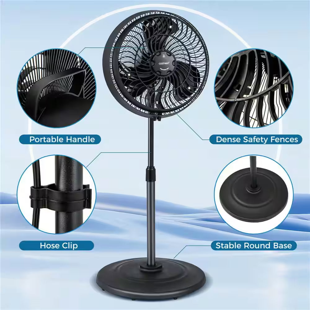 16" Oscillating Misting Pedestal Fan 2120 CFM with 3-Speed Hose Connector Black