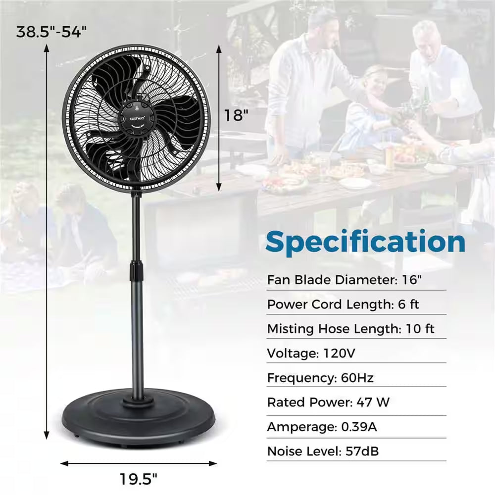 16" Oscillating Misting Pedestal Fan 2120 CFM with 3-Speed Hose Connector Black