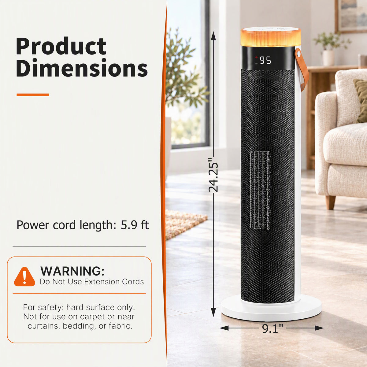 Ceramic Tower Heater - 1500W, Remote & 15H Timer, for Bedroom or Office