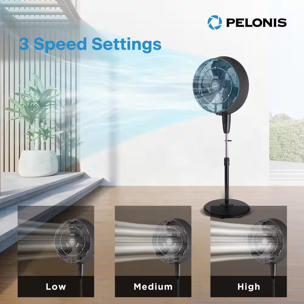 18 In. 3 Speeds Outdoor Misting Pedestal Fan in Black with 80° Oscillation 1600 CFM for up to 500 Sq. Ft
