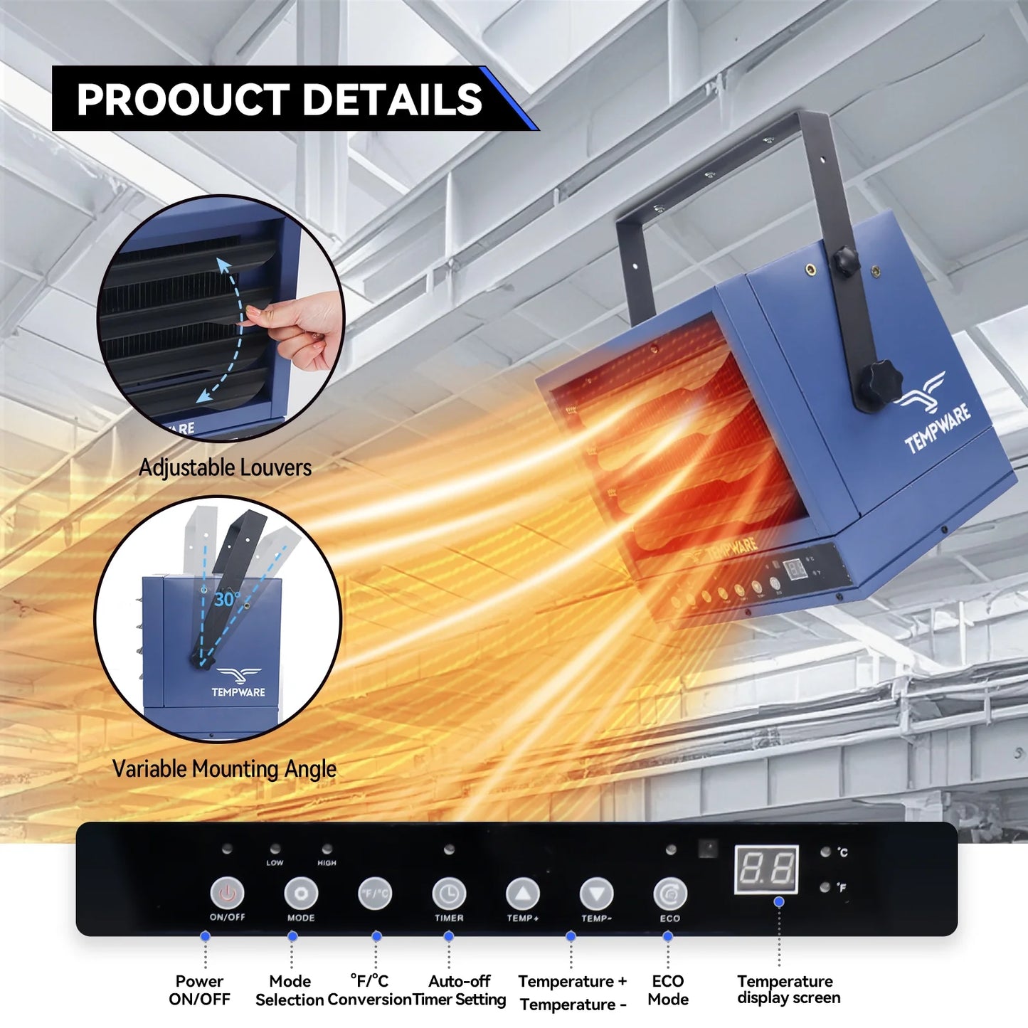 240V 5000W Electric Garage Heater with 3 Speed Overheat Protection for 592 Sq Ft