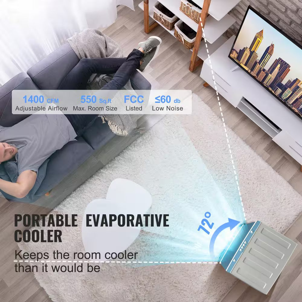 Evaporative Cooler 3 Speeds 1400 CFM Air Cooler 84° Oscillating Swamp Cooler, 5 Gal. Portable Air Cooler for 550 Sq. Ft.