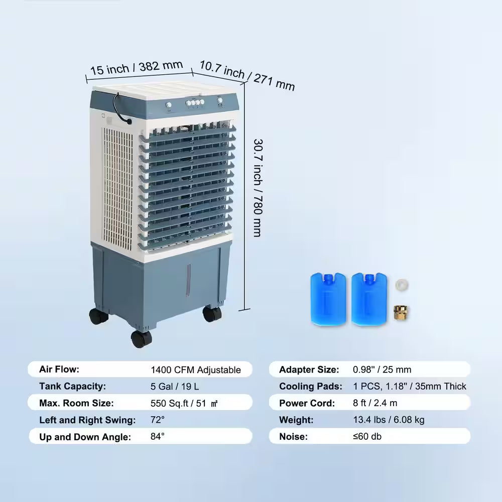 Evaporative Cooler 3 Speeds 1400 CFM Air Cooler 84° Oscillating Swamp Cooler, 5 Gal. Portable Air Cooler for 550 Sq. Ft.