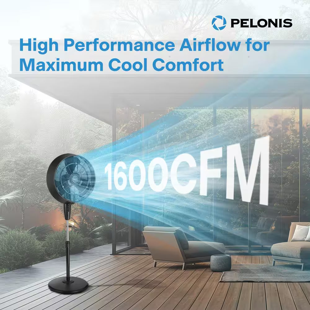 18 In. 3 Speeds Outdoor Misting Pedestal Fan in Black with 80° Oscillation 1600 CFM for up to 500 Sq. Ft