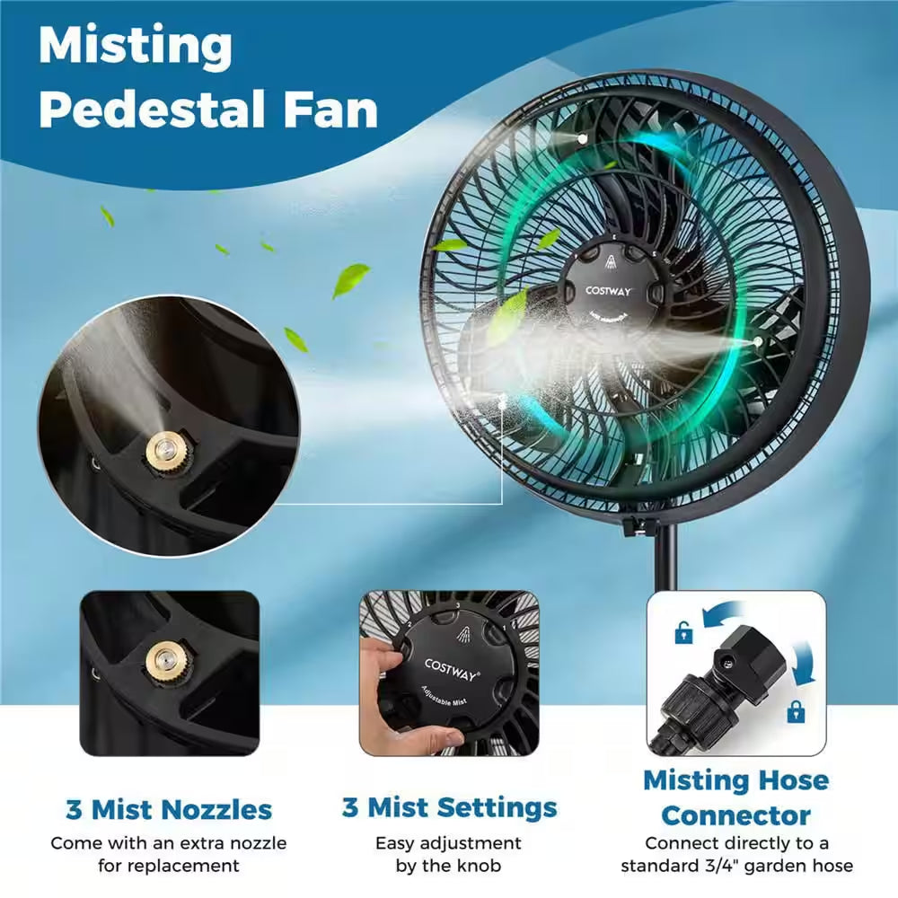 16" Oscillating Misting Pedestal Fan 2120 CFM with 3-Speed Hose Connector Black