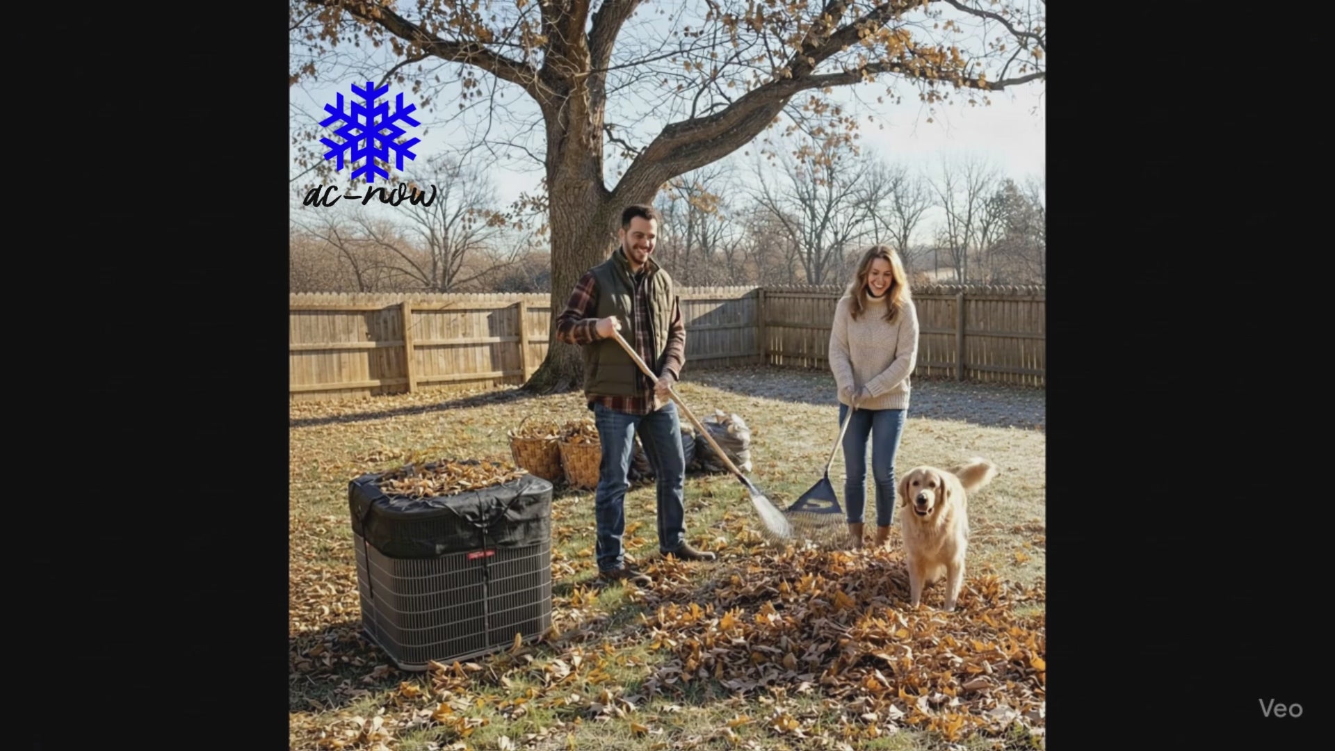Load video: Man and woman raking leaves during a fall day, with their Golder retriever. The ac-unit is displayed with a cover that has leaves on top of it.